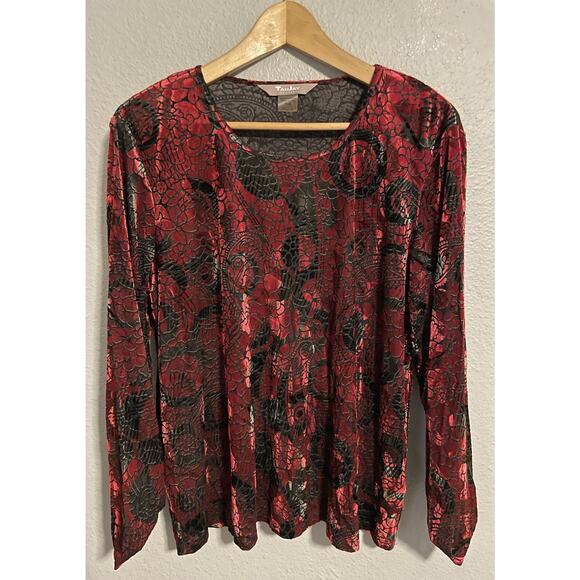 TanJay Womens Top Petite Large Red Black Velvet Burnout Paisley Fairy Whimsigoth - Picture 1 of 7